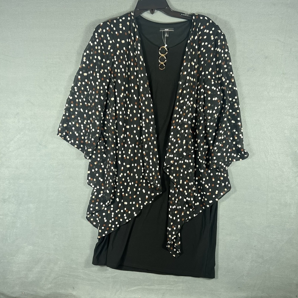 R&K Women's Size 16 Black Polka Dot Layered Dress with Gold Ring Accent New NWT